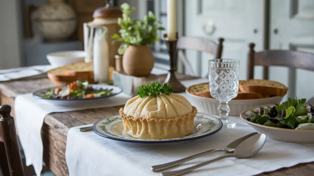 Chicken pot pie popover plated with parsley garnish and served with side dishes.