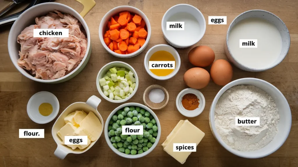 Ingredients for chicken pot pie in popovers, including chicken, carrots, leeks, peas, milk, eggs, flour, and spices.