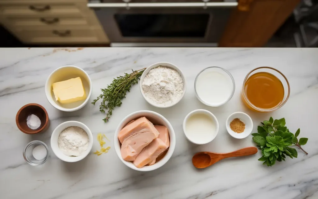  Ingredients for chicken pot pie sauce: butter, flour, milk, chicken broth, and herbs.