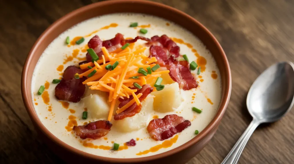 Bowl of Chili’s baked potato soup topped with bacon, cheddar cheese, and chives