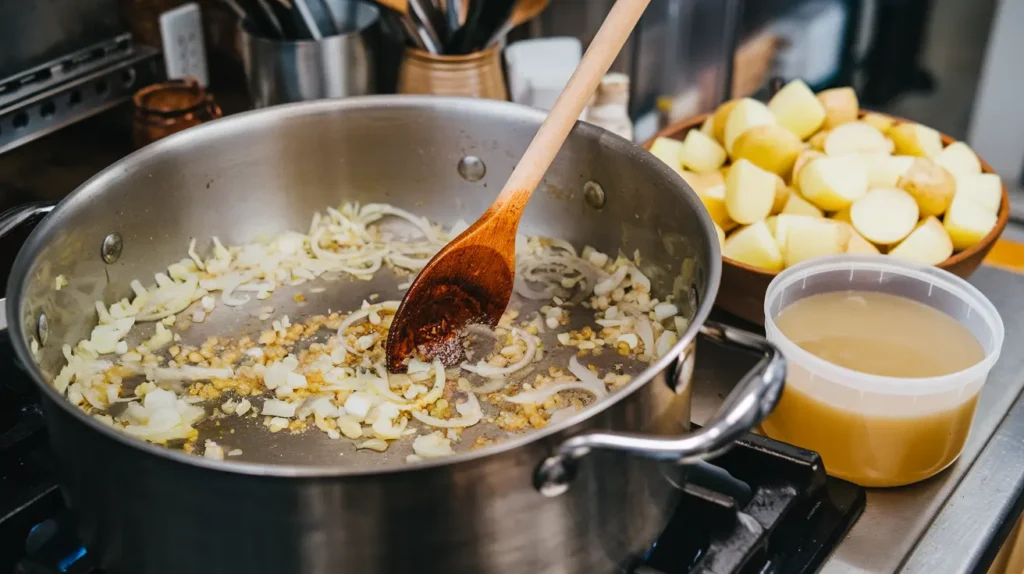 "Cooking process for Chili’s baked potato soup with sautéed onions and garlic in a pot."

