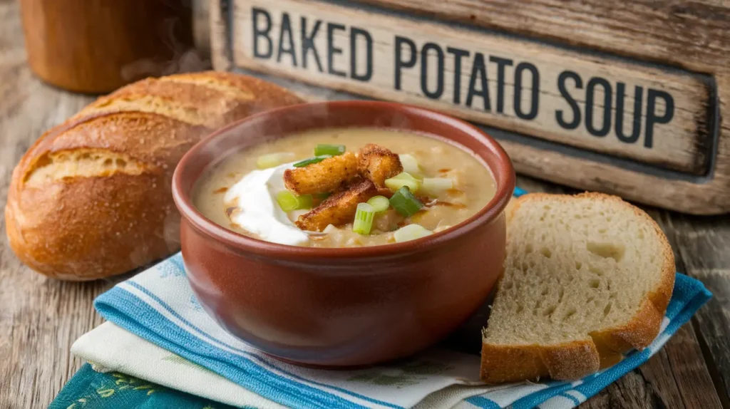 "Baked potato soup garnished with sour cream, green onions, and croutons."

