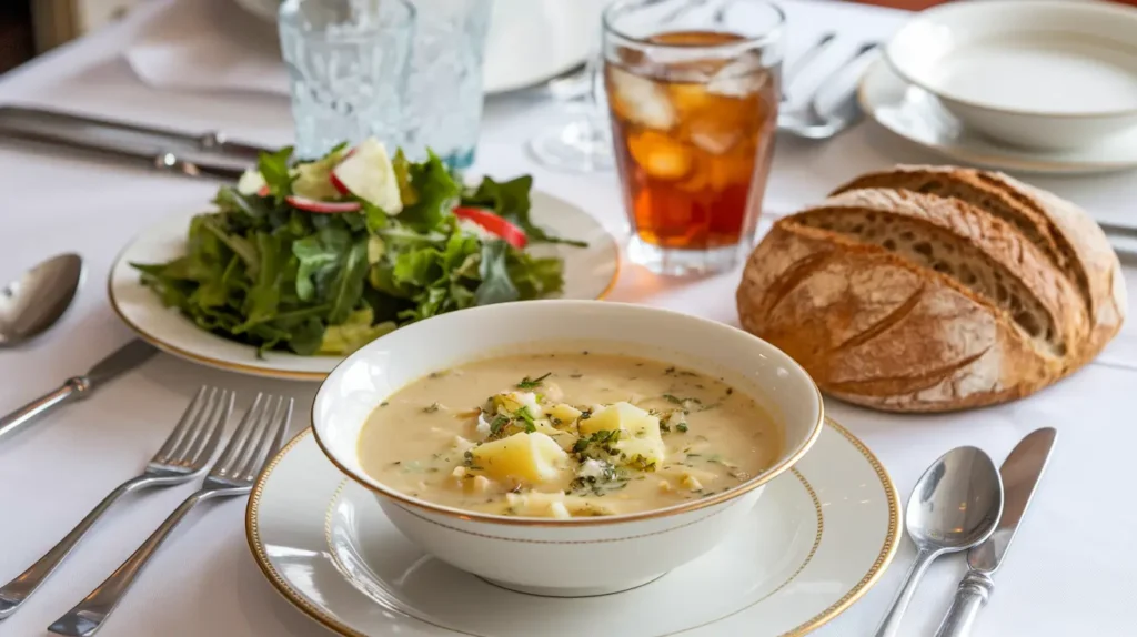 "Chili’s baked potato soup served with salad, bread, and iced tea on a dinner table."

