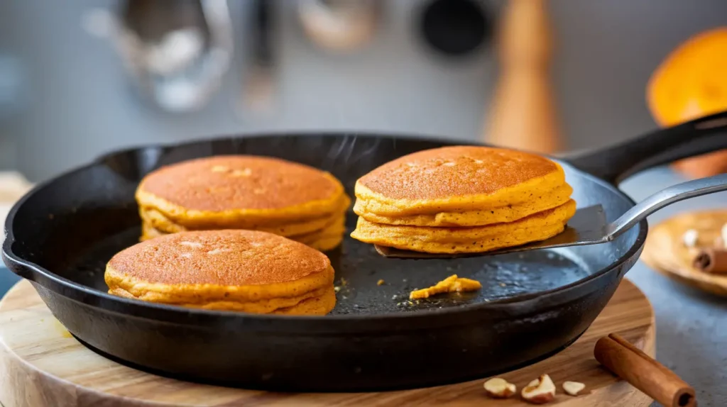 Pumpkin pancakes cooking on a skillet, showing the golden-brown texture and traditional Arepa di Pampuna style