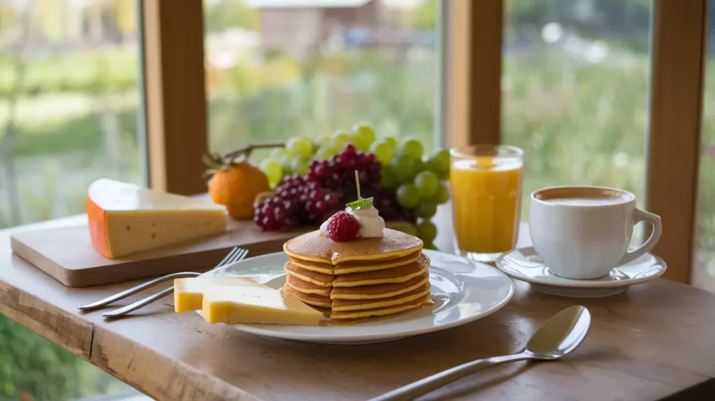 Traditional Curaçao breakfast spread featuring pumpkin pancakes, Gouda cheese, fresh fruit, and coffee