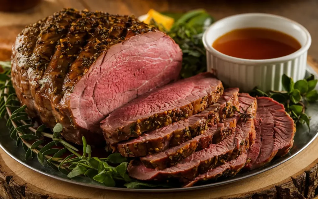 Sliced eye of round roast served with au jus, a lean and economical alternative to prime rib