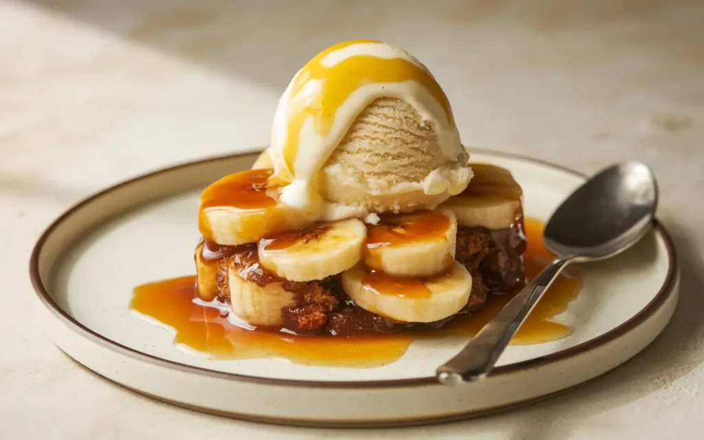 Bananas Foster dessert with caramelized bananas and rum sauce over vanilla ice cream.