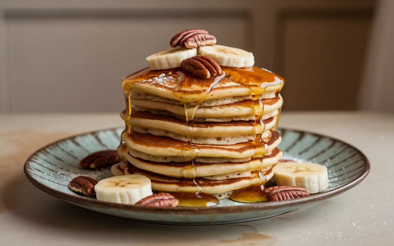 Bananas Foster Pancakes with caramelized banana topping and powdered sugar