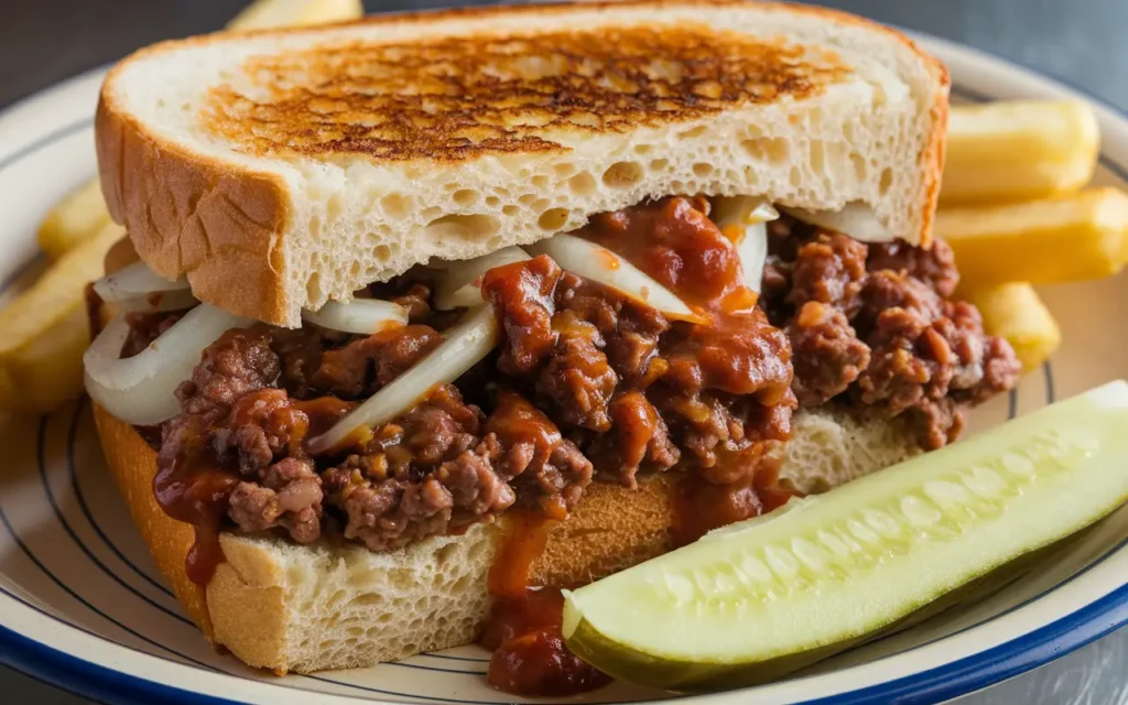 A beautifully styled New York sloppy joe with vibrant colors, showing its rich texture and layers. The background features a blurred NYC skyline with a warm, inviting atmosphere.