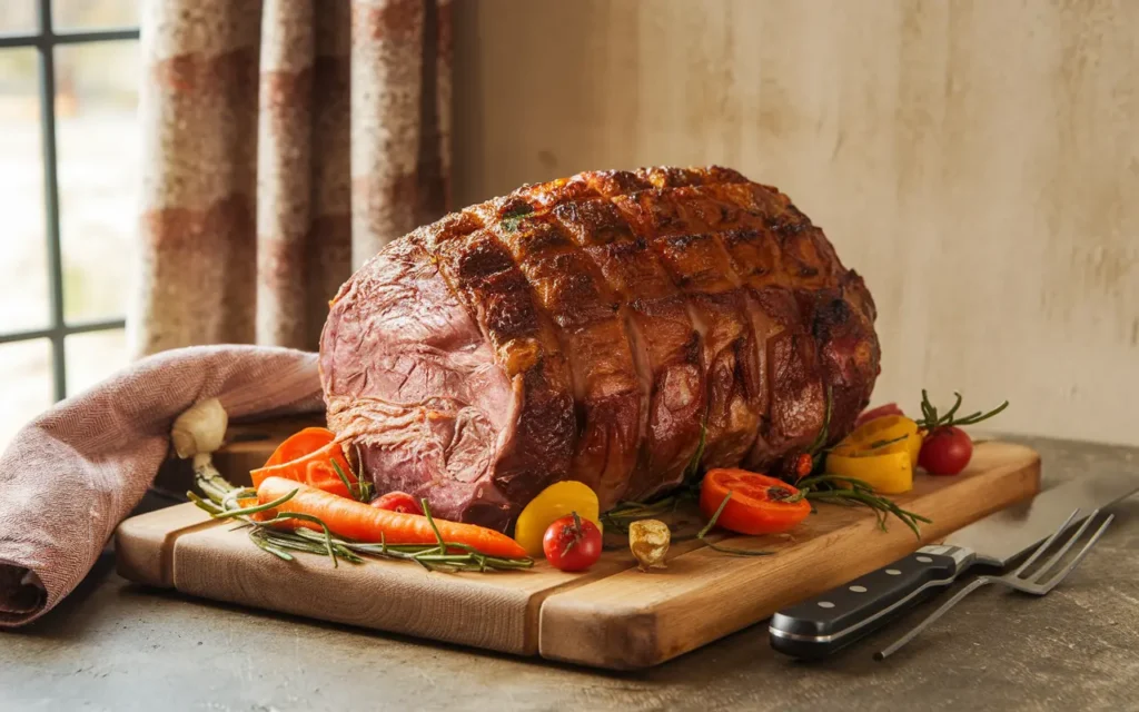 Golden-brown Poor Man’s Prime Rib resting on a wooden carving board, ready to slice.