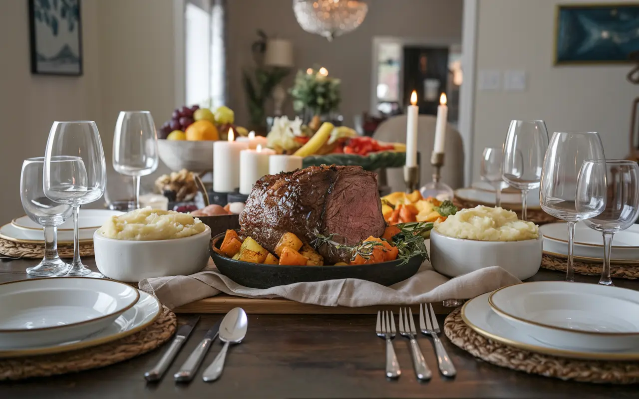 Festive dinner table featuring poor man's prime rib with mashed potatoes and roasted vegetables.