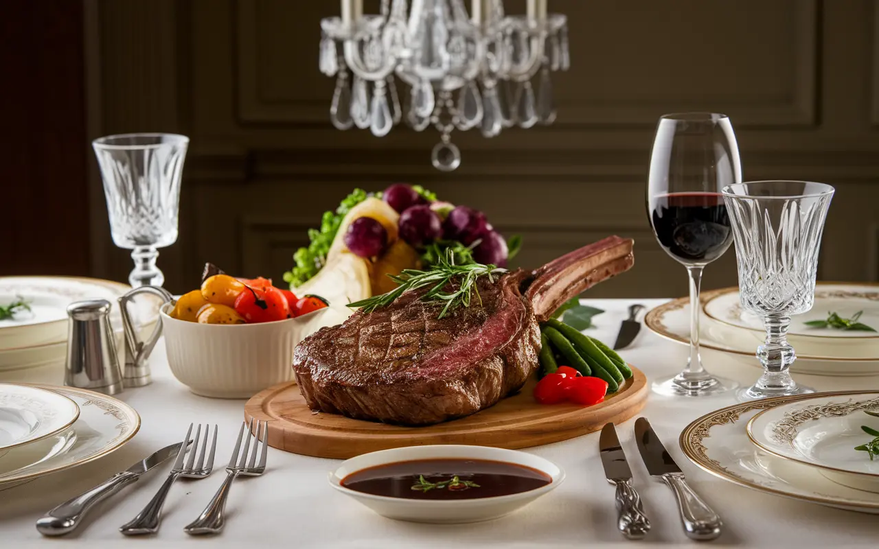 Dinner table with ribeye roast centerpiece, a tender and smaller portioned alternative to prime rib