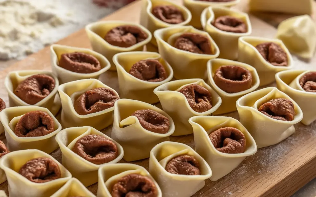 A close-up view of freshly filled tortellini arranged on a wooden cutting board.