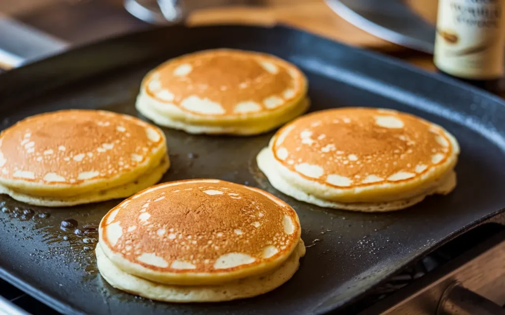 Fluffy pancakes cooking on a griddle for Bananas Foster Pancakes recipe