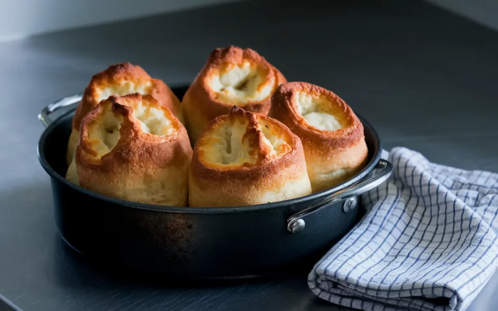 Perfectly risen popovers in a pan, showing the secret to making popovers pop.