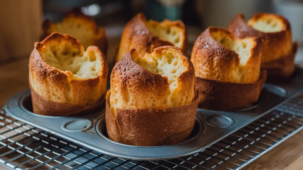 Freshly baked golden-brown popovers cooling in a muffin tin for chicken pot pie."