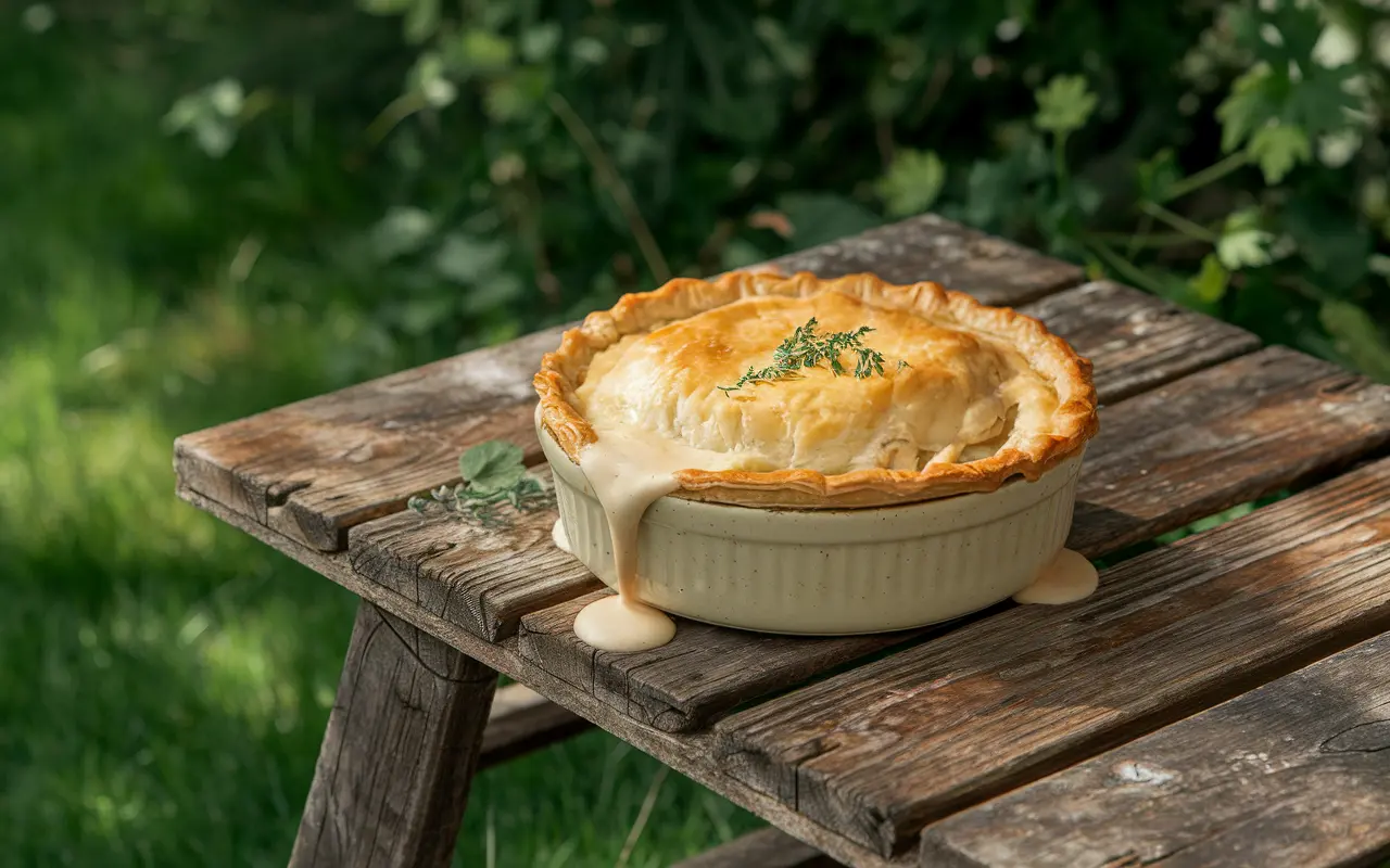 Golden chicken pot pie with creamy sauce, a classic comfort food.