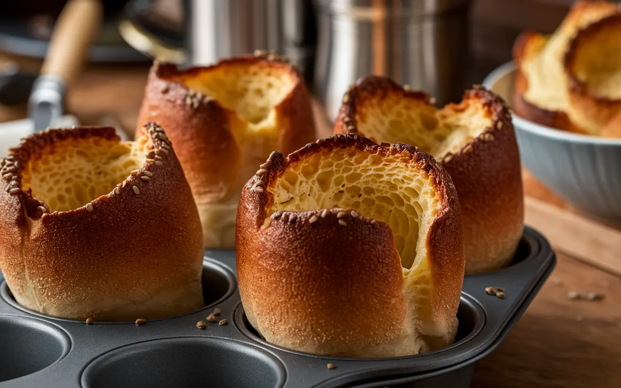 Golden popovers baked in a muffin pan, a delicious alternative to traditional popover pans.