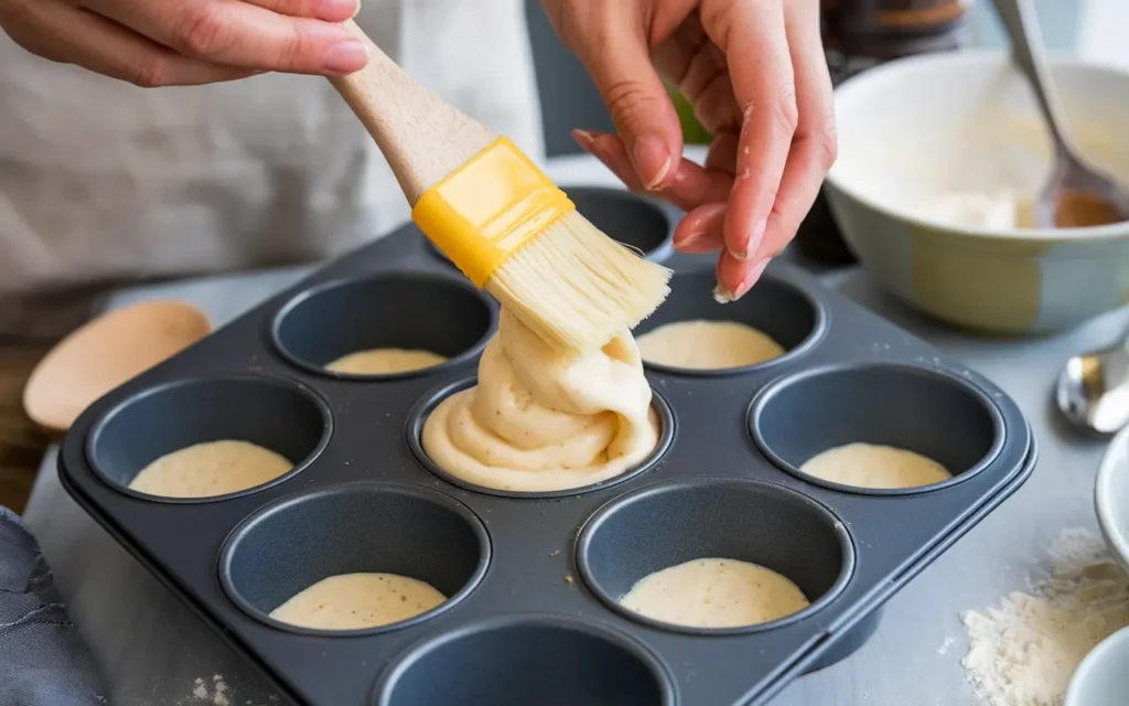  Greasing a muffin pan with butter as a key step for successful popovers without a popover pan.