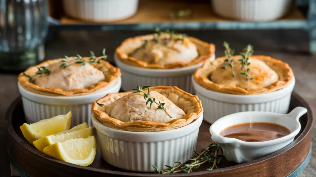 "Individual chicken pot pies in ramekins with golden crusts."

