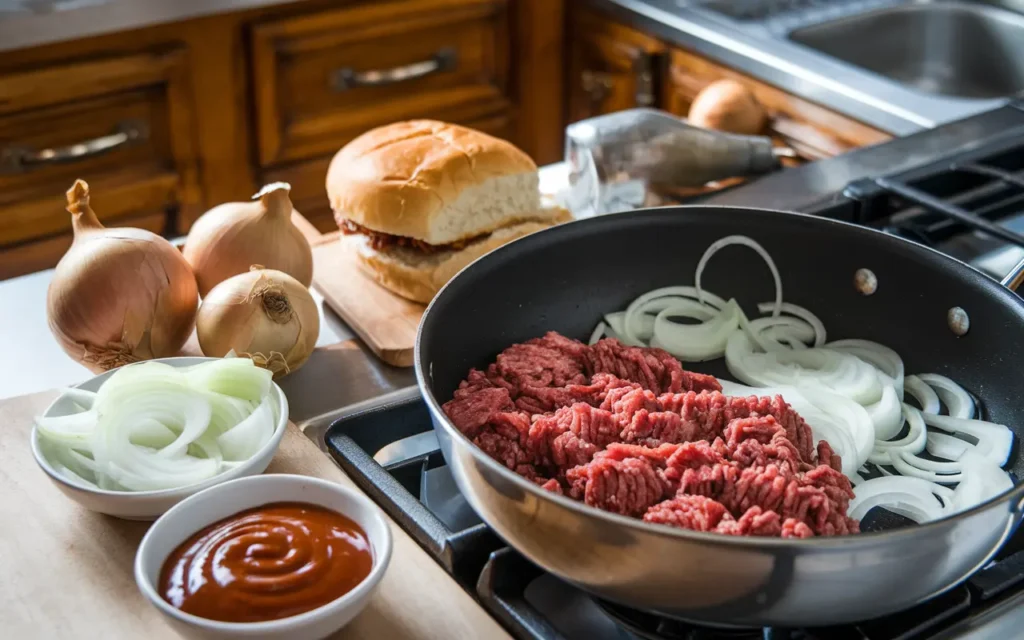 A flat-lay of the key ingredients for making a New York sloppy joe: ground beef, Swiss cheese, coleslaw, pickled peppers, Russian dressing, and soft buns, arranged neatly on a wooden countertop.