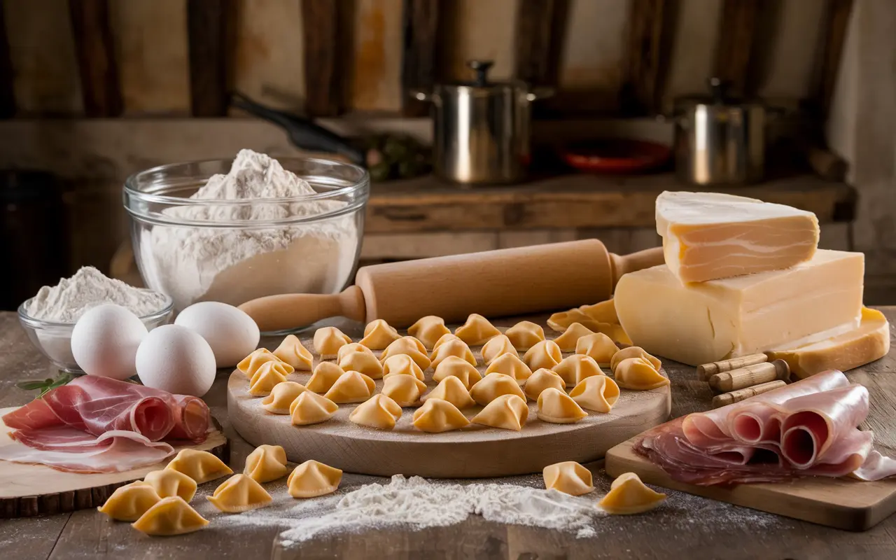 A rustic Italian kitchen table with flour, eggs, prosciutto, Parmigiano Reggiano, and mortadella for making tortellini.