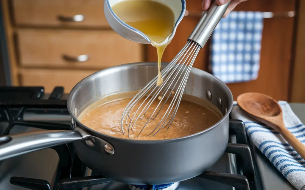 Whisking roux with chicken broth to make chicken pot pie sauce.