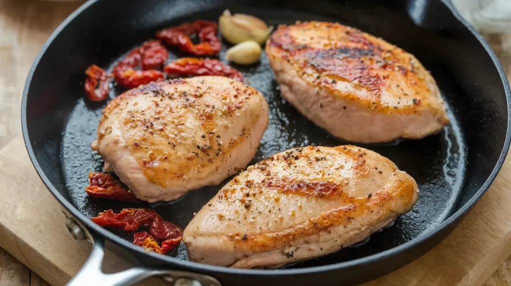 "A step-by-step image of chicken being pan-seared in a skillet, with garlic and sun-dried tomatoes cooking in the background."

