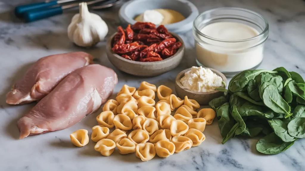 "Ingredients for Marry Me Chicken Tortellini including chicken, tortellini, cream, and spinach."

