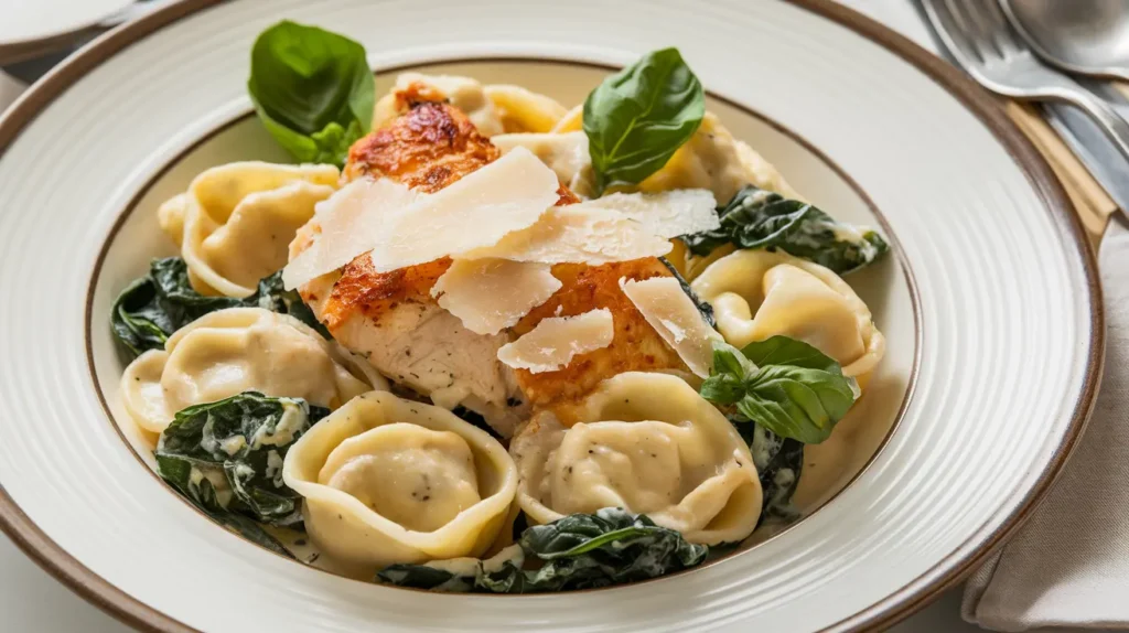 "Plated Marry Me Chicken Tortellini topped with parmesan and spinach."

