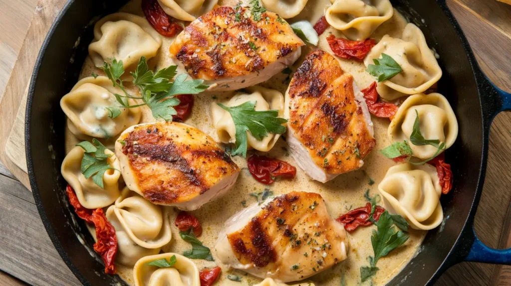 "Marry Me Chicken Tortellini in a skillet with creamy sauce and garnished with parsley."

