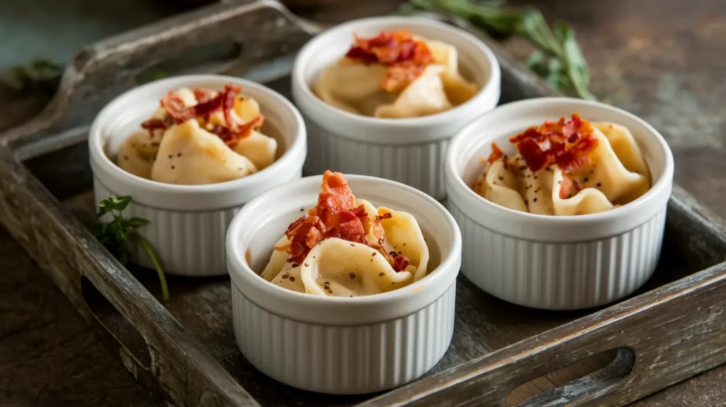 "Individual servings of Marry Me Chicken Tortellini with crispy pancetta."

