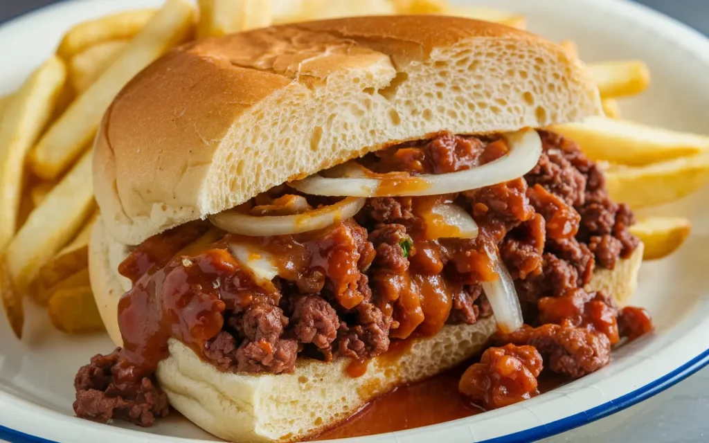  A close-up of a freshly prepared New York sloppy joe on a soft bun, topped with melted Swiss cheese, coleslaw, and Russian dressing. The sandwich is placed on a rustic wooden board with a side of pickles and a small cup of dressing. The background shows a classic NYC deli ambiance.