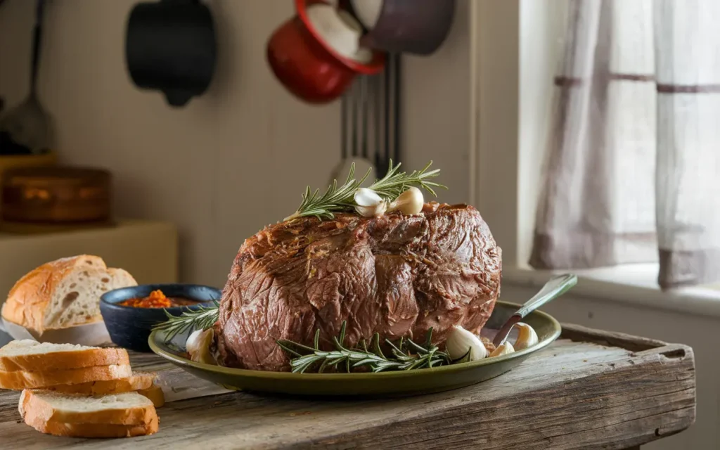 Perfectly cooked chuck roast garnished with rosemary and garlic for a budget-friendly poor man's prime rib.