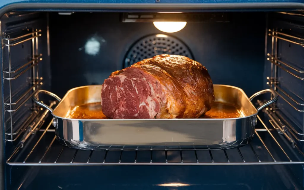 Poor Man’s Prime Rib roasting in the oven to achieve a golden-brown crust.