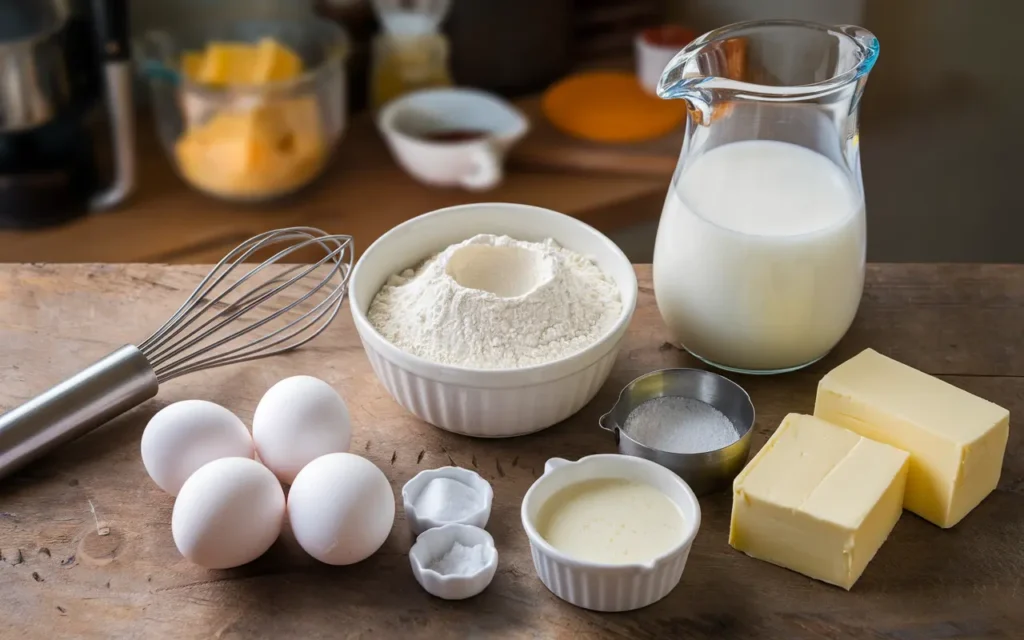 Ingredients for the secret to making popovers pop, including eggs, flour, milk, and butter.