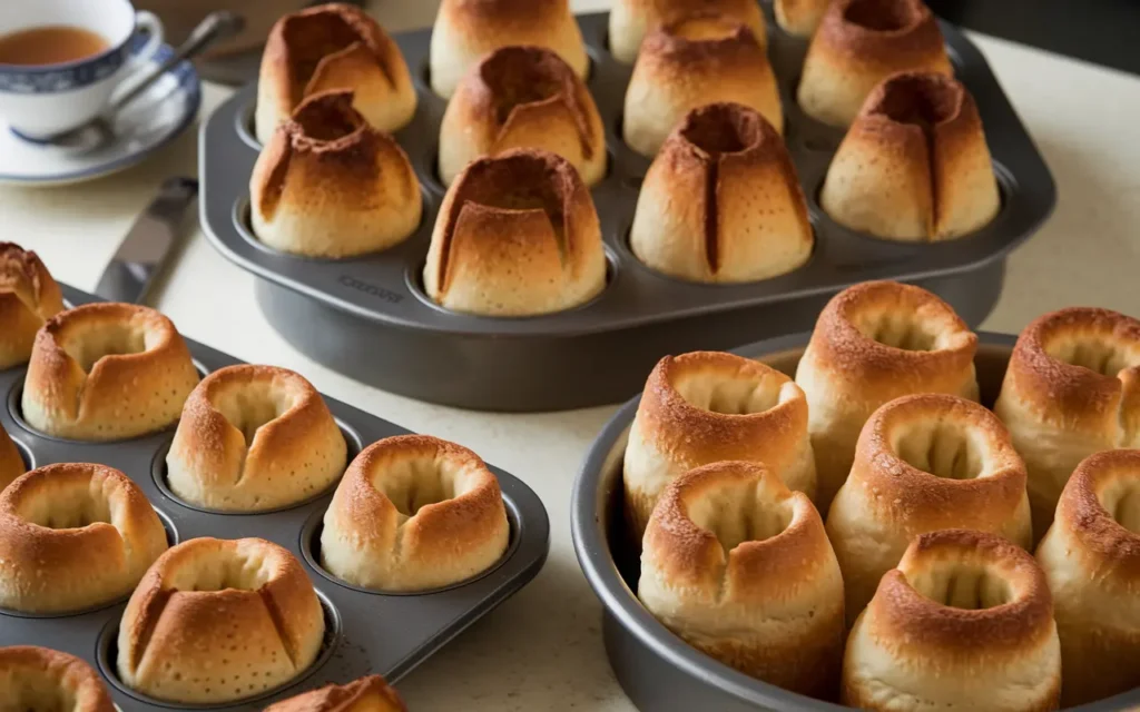 Comparison of a popover pan and muffin pan with baked popovers, highlighting their differences in shape and results