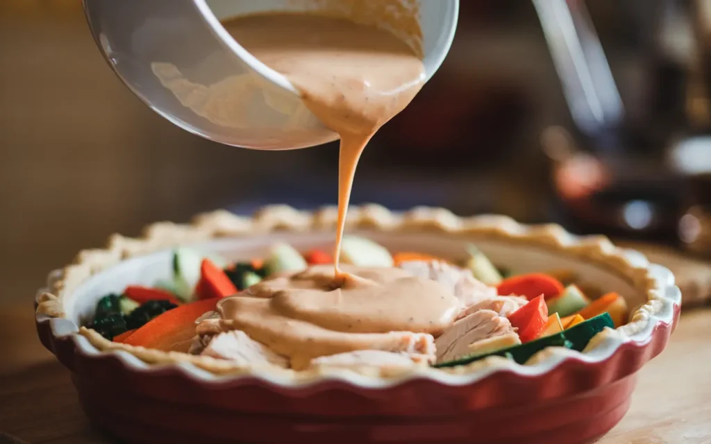 Creamy chicken pot pie sauce poured over vegetables and chicken.