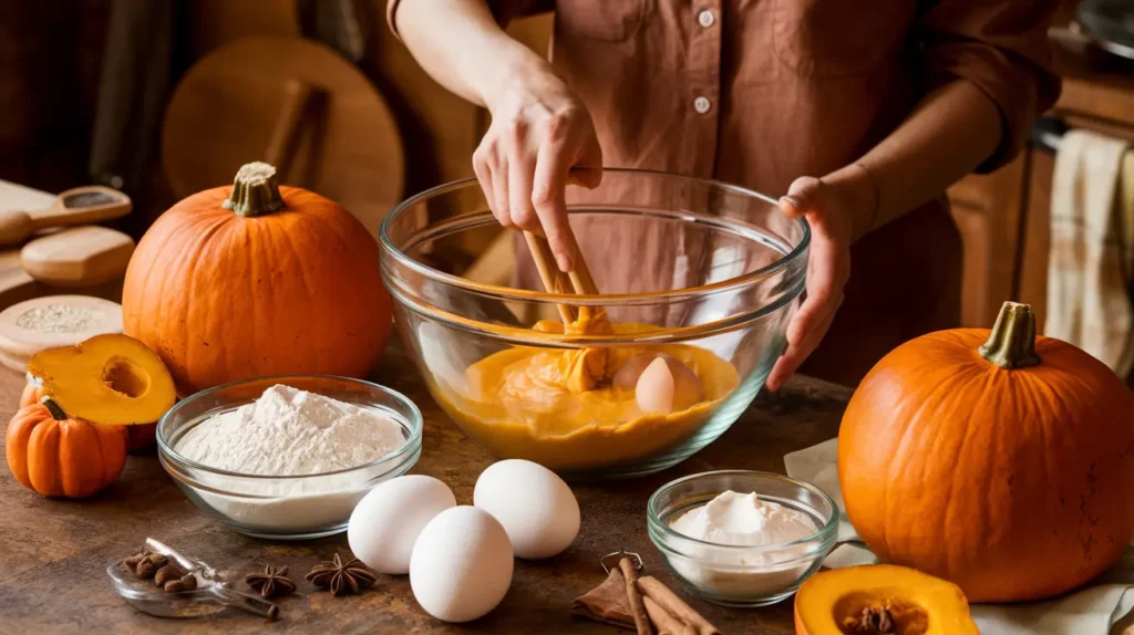 Fresh pumpkin pancake batter being mixed with eggs, flour, and spices, highlighting Arepa di Pampuna preparation