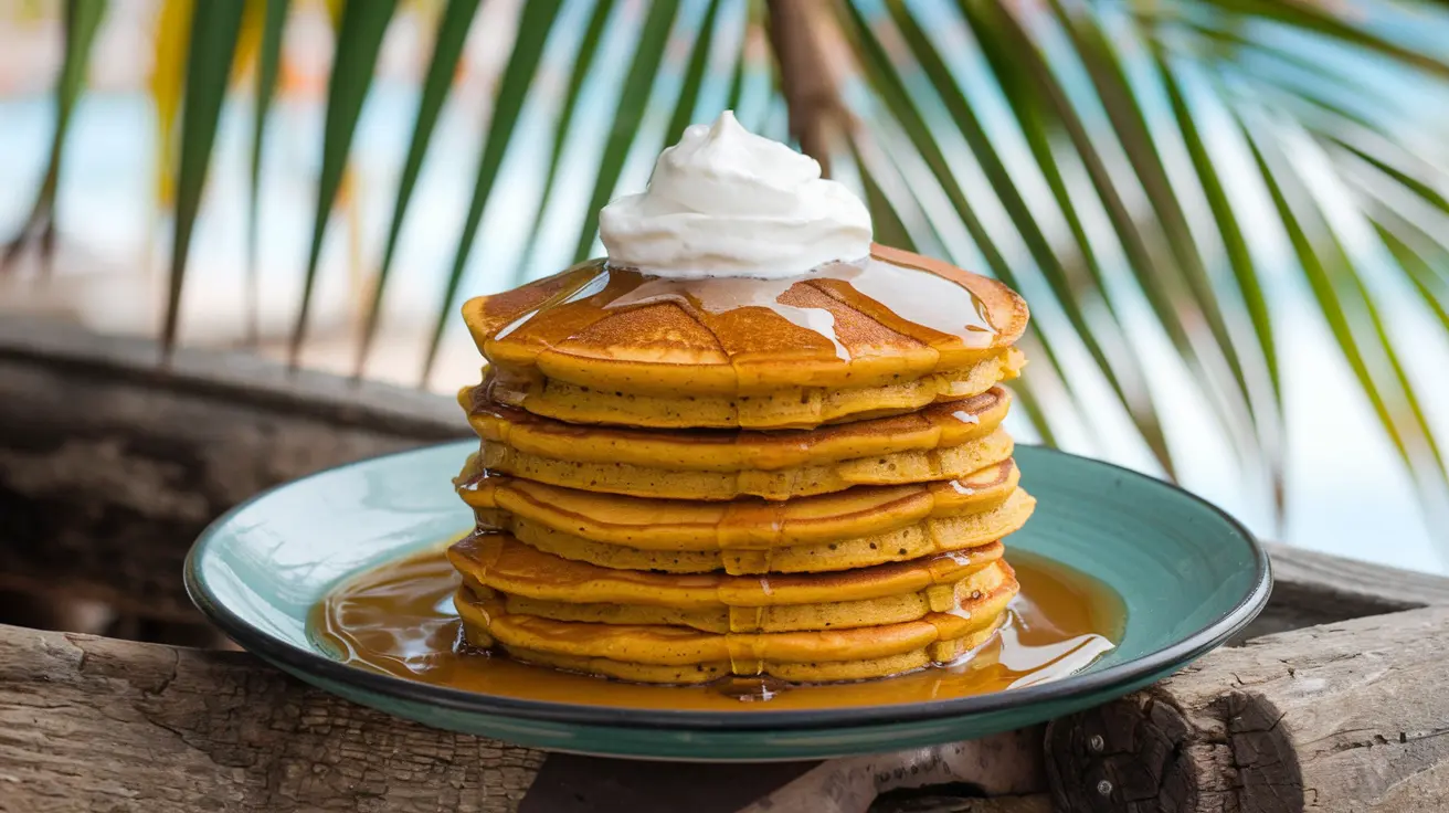 Golden pumpkin pancakes from Curaçao stacked with syrup and whipped cream, representing the traditional Arepa di Pampuna