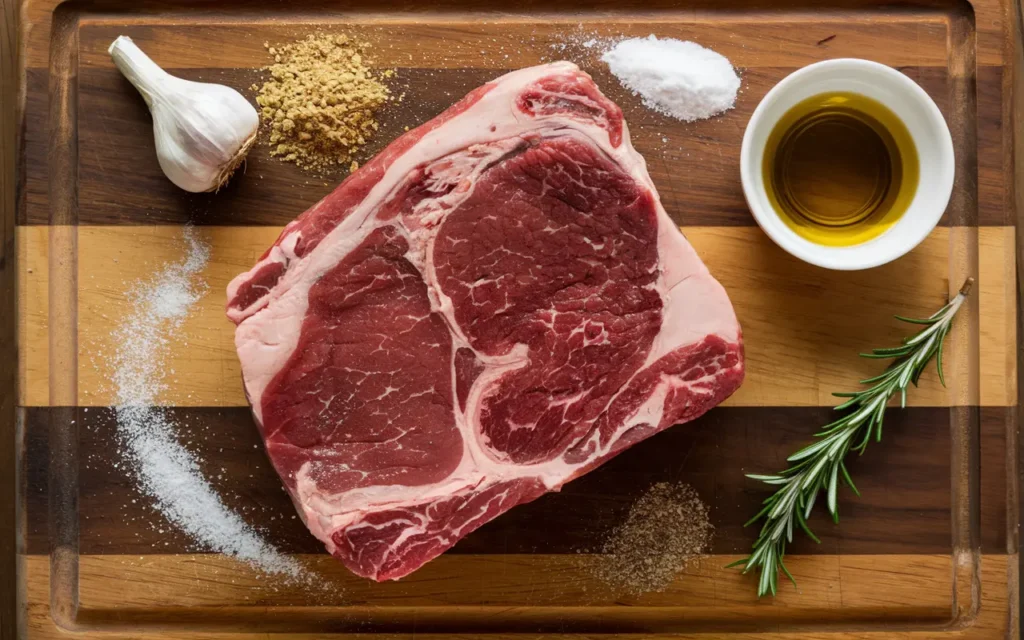 Raw eye of round roast seasoned with garlic, onion powder, salt, and pepper for Poor Man’s Prime Rib.