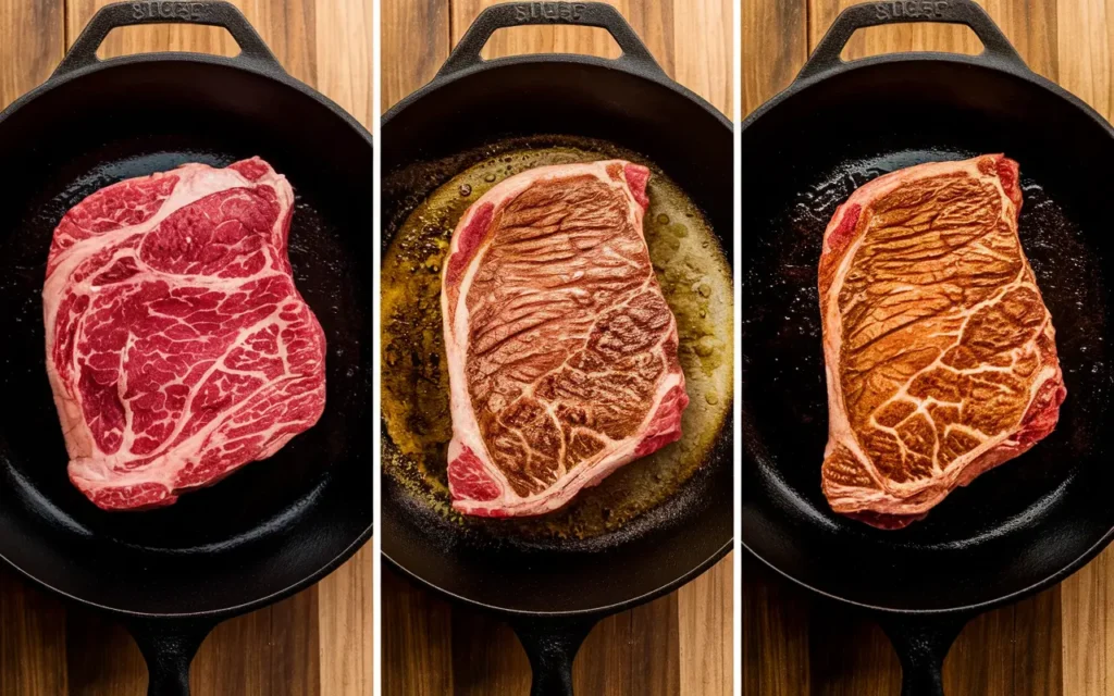 Searing chuck roast in a cast-iron skillet to prepare poor man's prime rib with a rich crust.