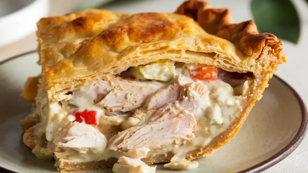 "Slice of chicken pot pie with creamy filling and tender chicken."

