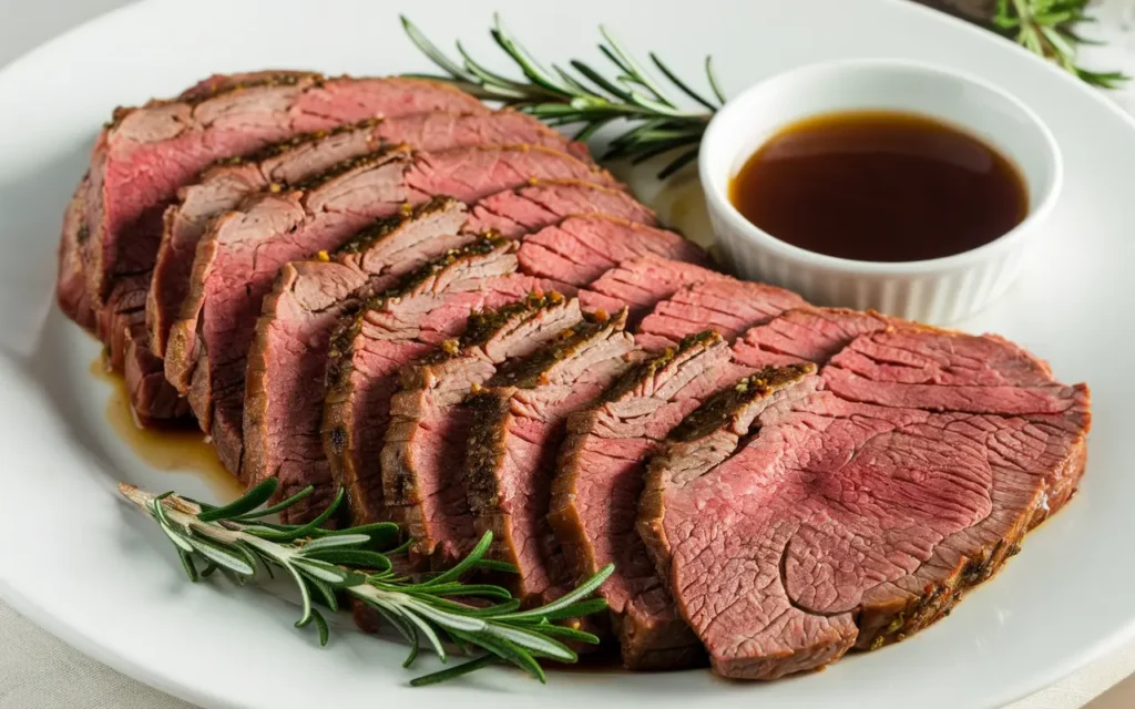 Thinly sliced Poor Man’s Prime Rib served with rosemary and au jus on a white plate.