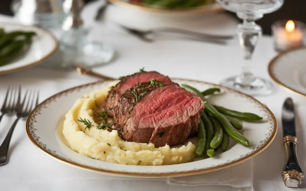 Top sirloin roast with mashed potatoes and green beans, a flavorful and affordable prime rib substitute.