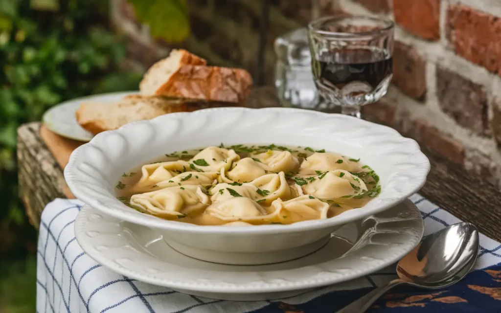 A serving of tortellini in a traditional Italian broth garnished with fresh herbs.