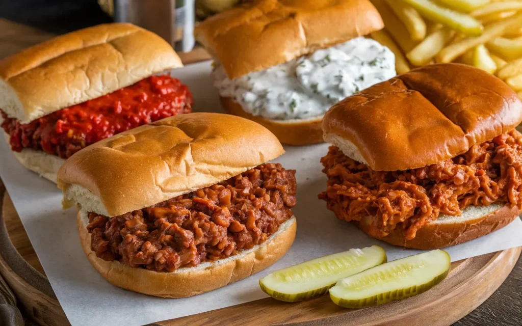 A platter showcasing different variations of the New York sloppy joe, including pastrami, veggie, and pizza versions. Each is styled distinctly, with labels and garnished with fresh ingredients like peppers and coleslaw