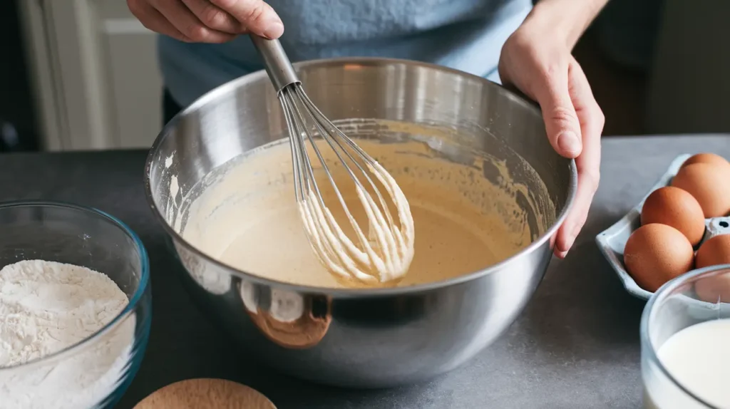 "Whisking popover batter with flour, eggs, and milk for chicken pot pie in popovers."