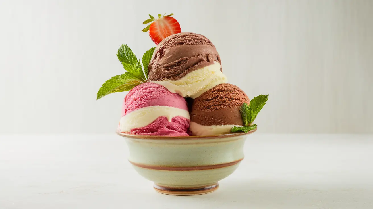 Scoop of Neapolitan ice cream with chocolate, vanilla, and strawberry layers in a bowl with mint and a strawberry slice.