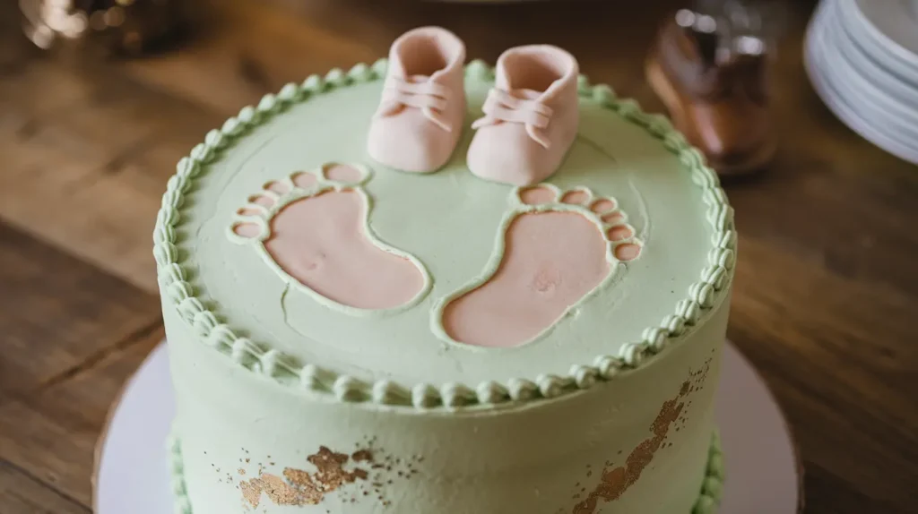 Gender-neutral baby reveal cake with soft green frosting and fondant baby shoes.